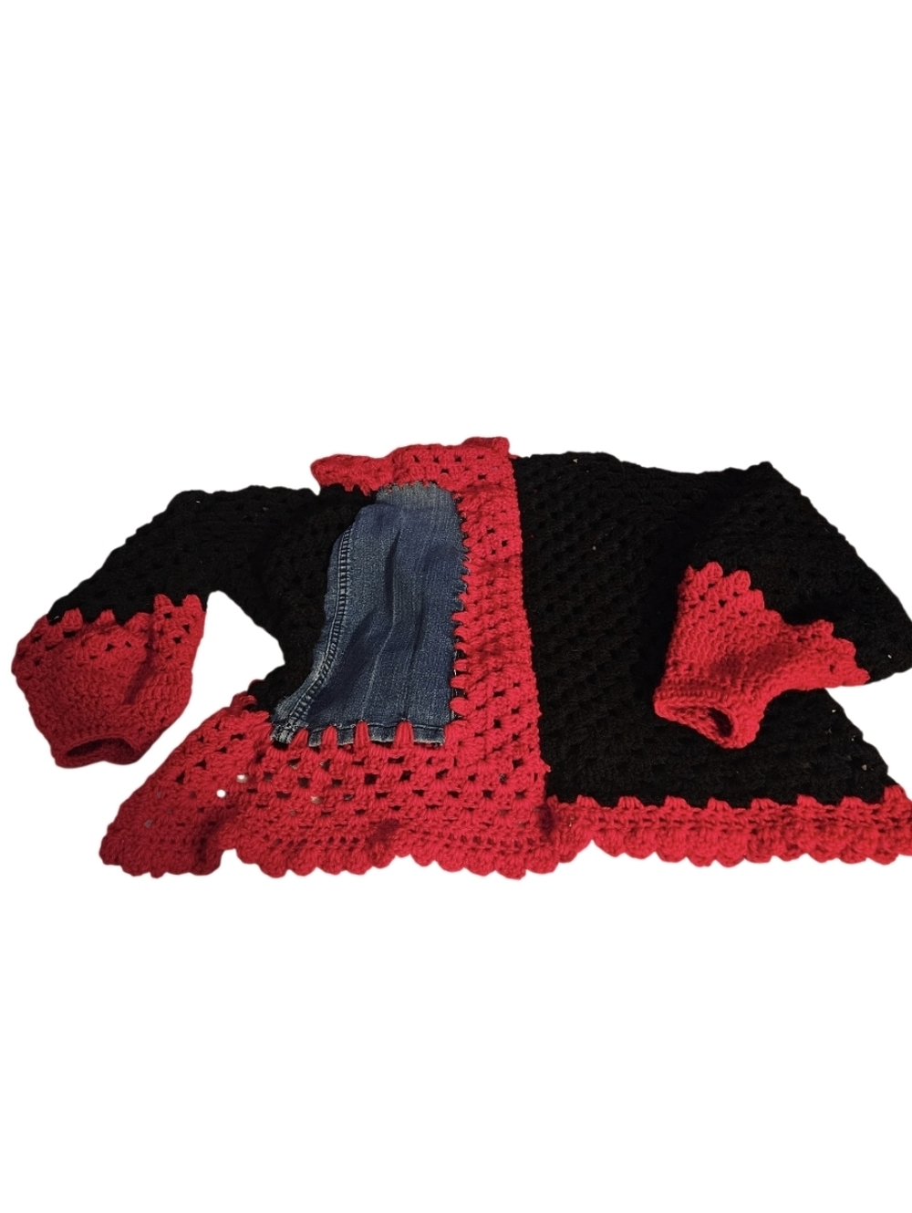 Women Granny Square Punk Cardigan Skull DJ Upcycled Denim Crochet Jacket Boho - Picture 12 of 16